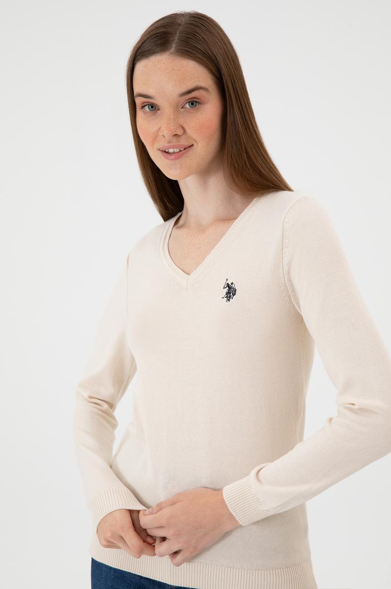 Kadın Krem Melanj V Yaka Basic Kazak