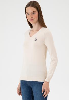 Kadın Krem Melanj V Yaka Basic Kazak - 50313590109