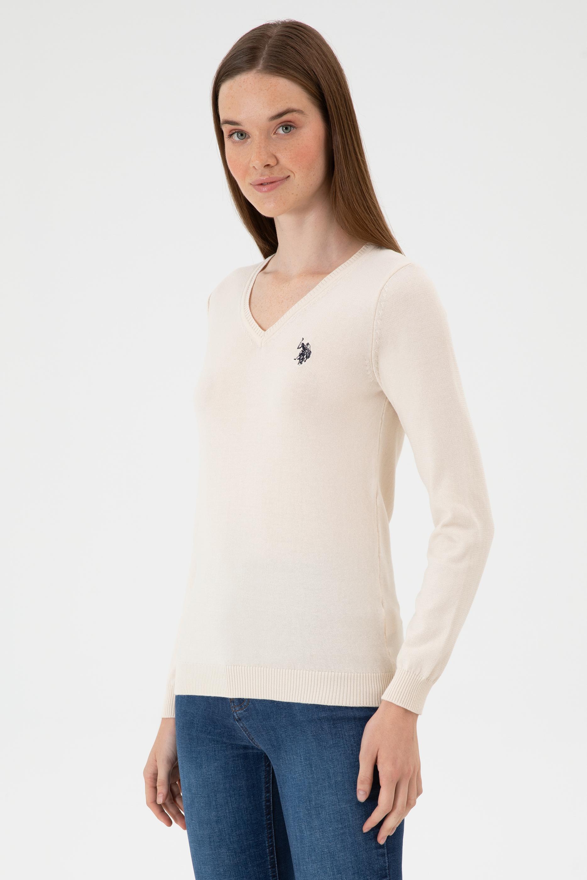 Kadın Krem Melanj V Yaka Basic Kazak