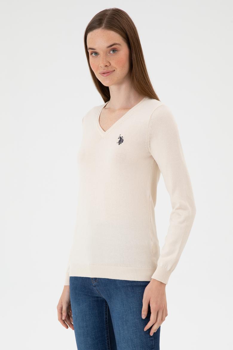 Kadın Krem Melanj V Yaka Basic Kazak