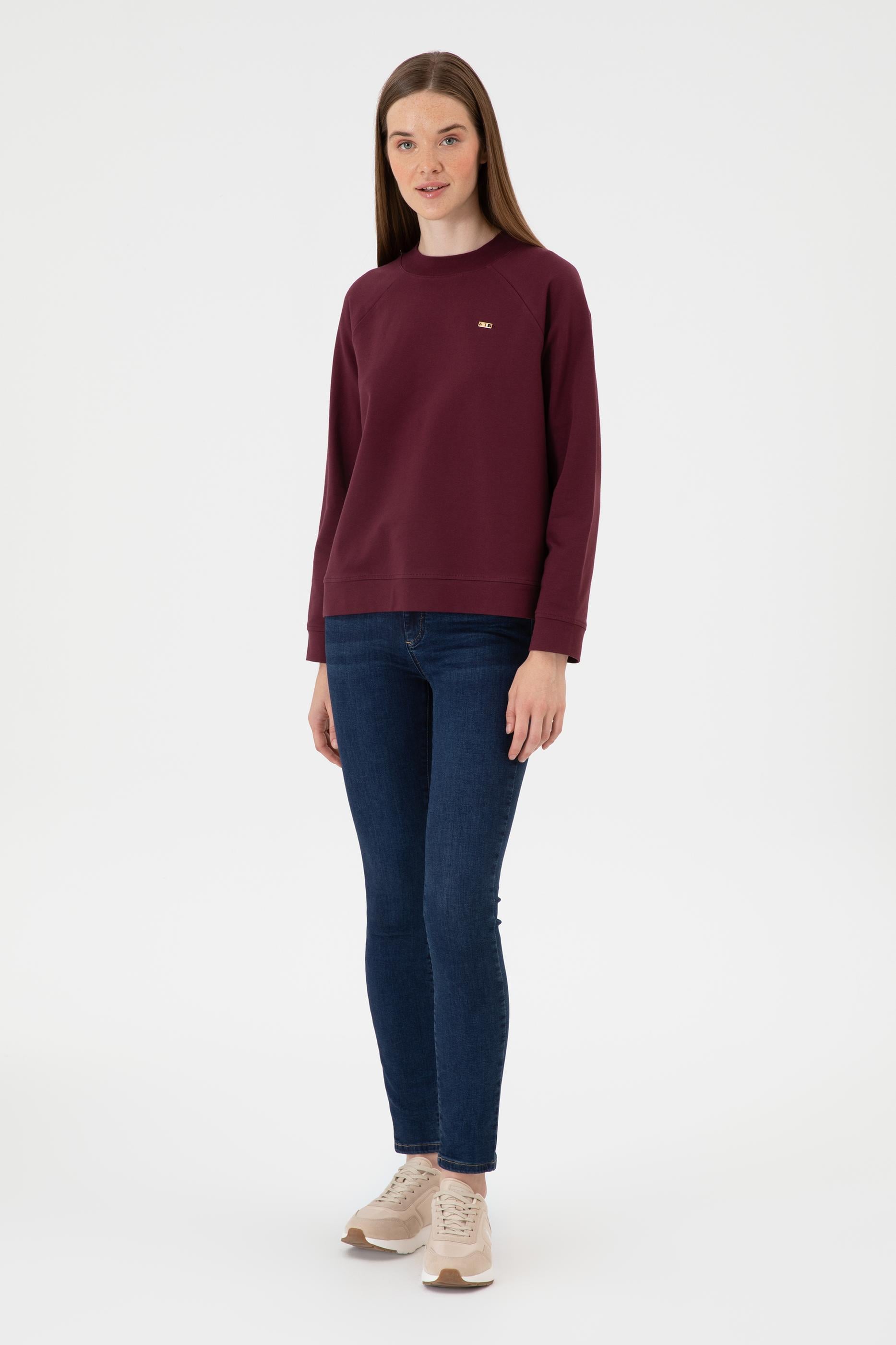 Kadın Bordo Regular Bisiklet Yaka Basic Sweatshırt