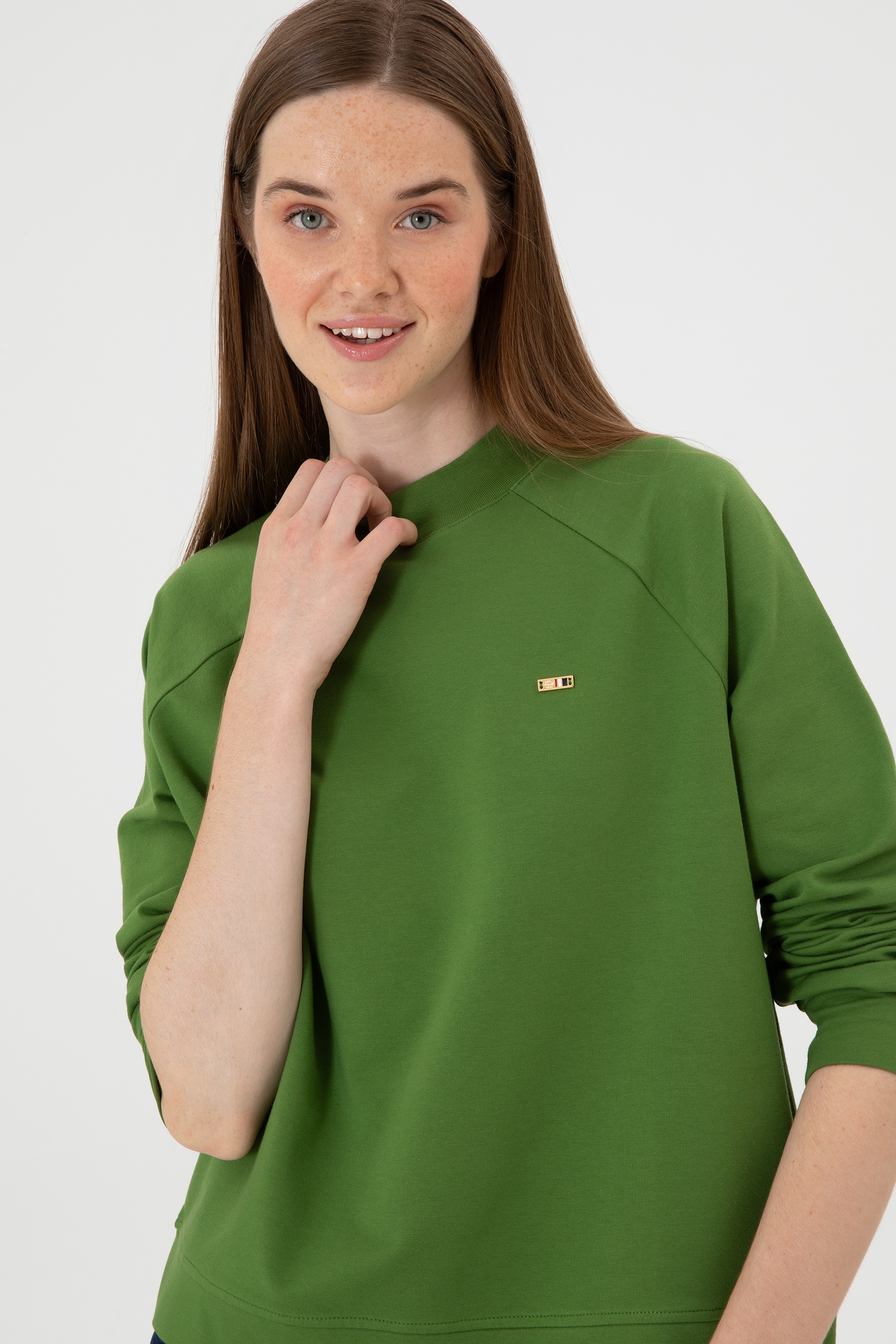 Kadın Yeşil Regular Bisiklet Yaka Basic Sweatshırt - Image 2
