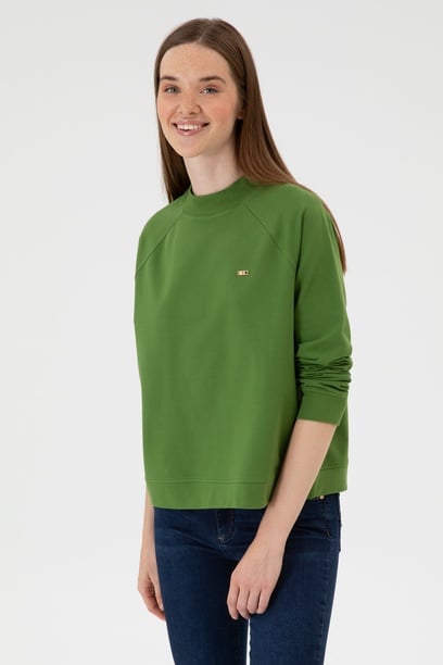Kadın Yeşil Regular Bisiklet Yaka Basic Sweatshırt