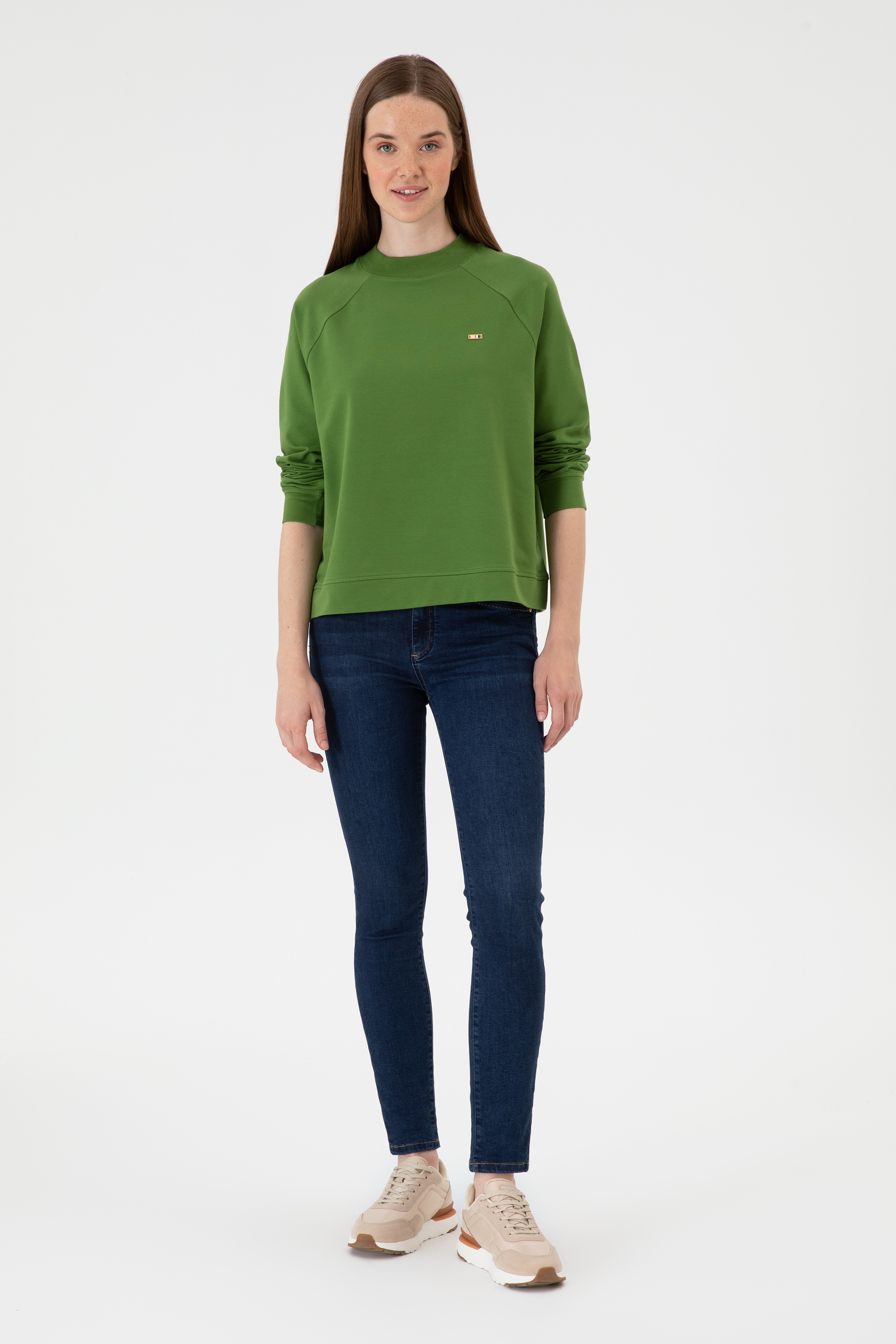 Kadın Yeşil Regular Bisiklet Yaka Basic Sweatshırt