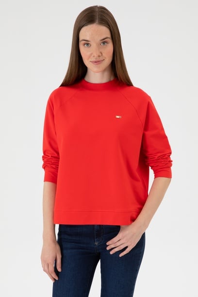 Kadın Kırmızı Regular Bisiklet Yaka Basic Sweatshırt