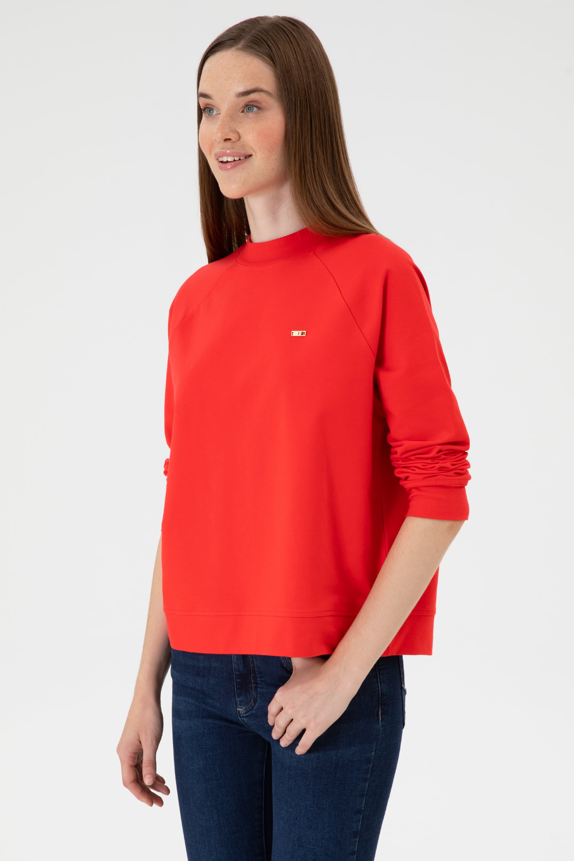 Kadın Kırmızı Regular Bisiklet Yaka Basic Sweatshırt - Image 3