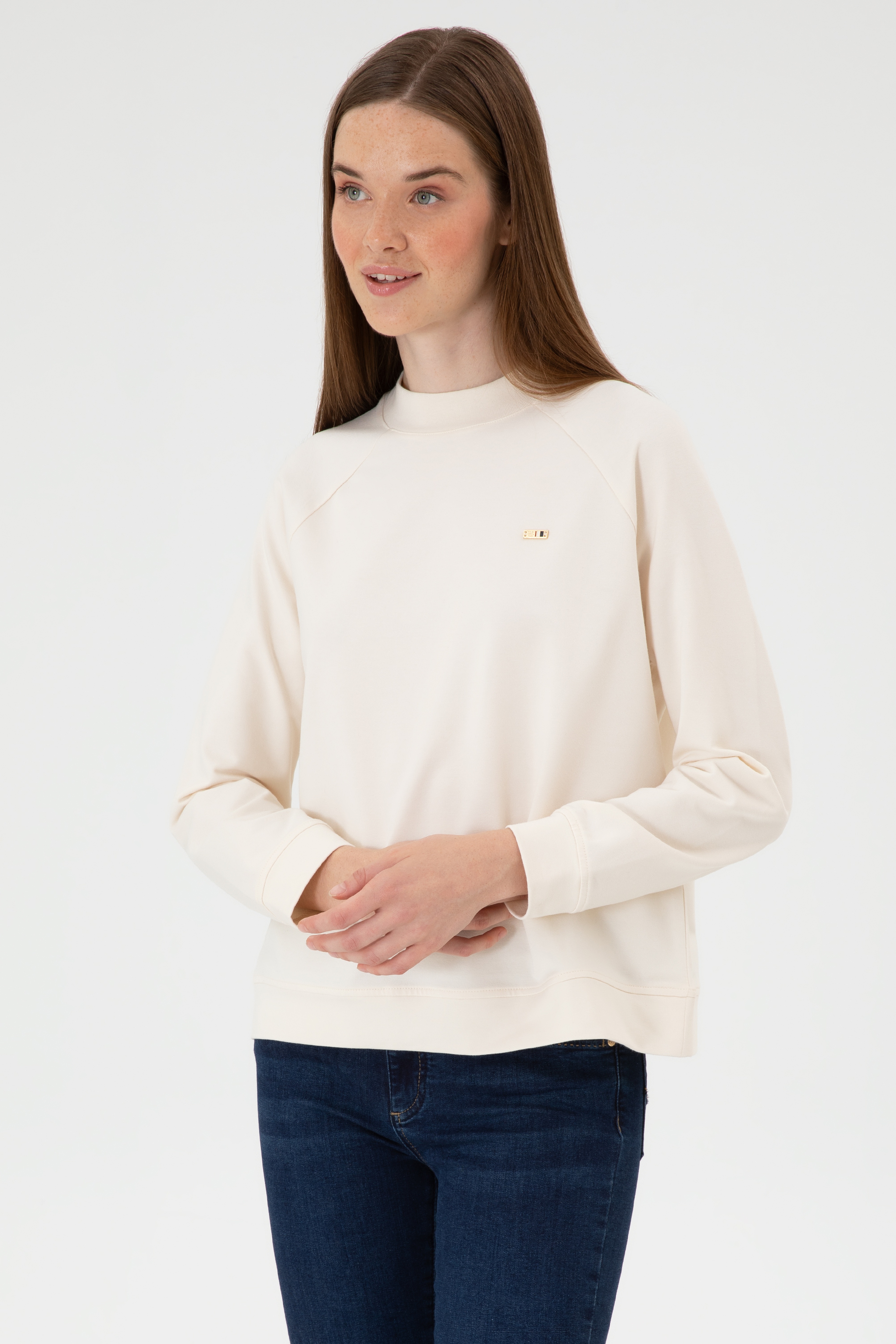 Kadın Krem Regular Bisiklet Yaka Basic Sweatshırt