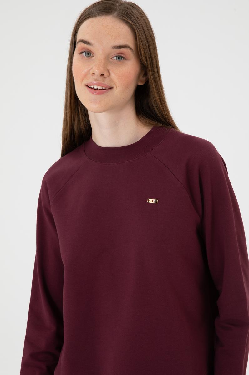 Kadın Bordo Regular Bisiklet Yaka Basic Sweatshırt