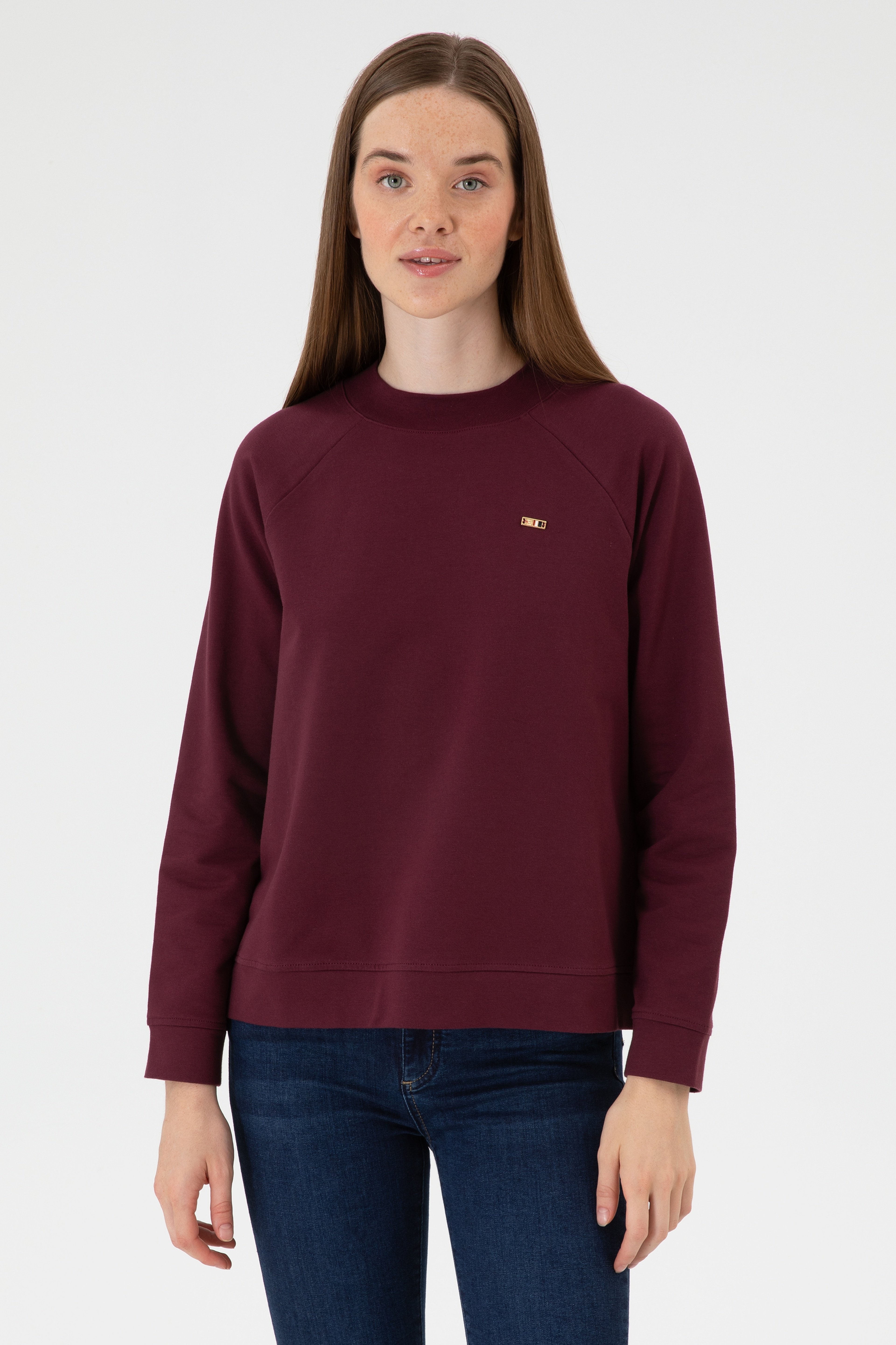 Kadın Bordo Regular Bisiklet Yaka Basic Sweatshırt - Image 1