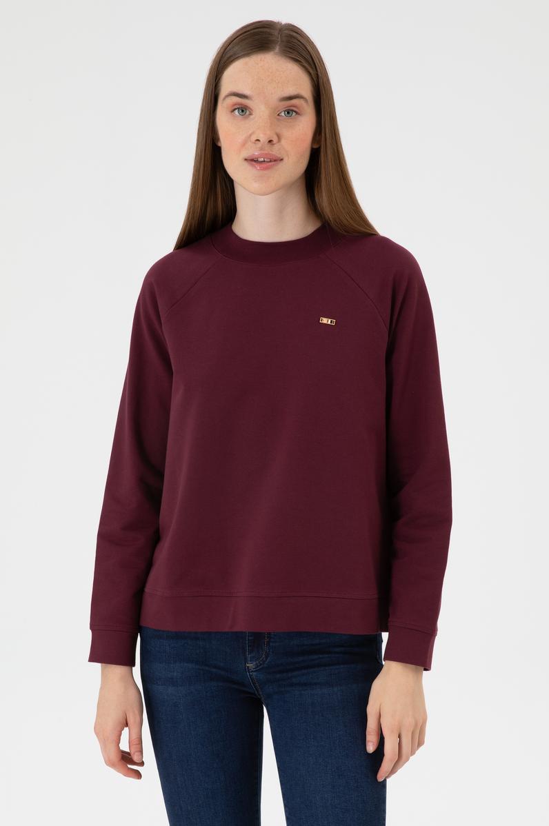 Kadın Bordo Regular Bisiklet Yaka Basic Sweatshırt