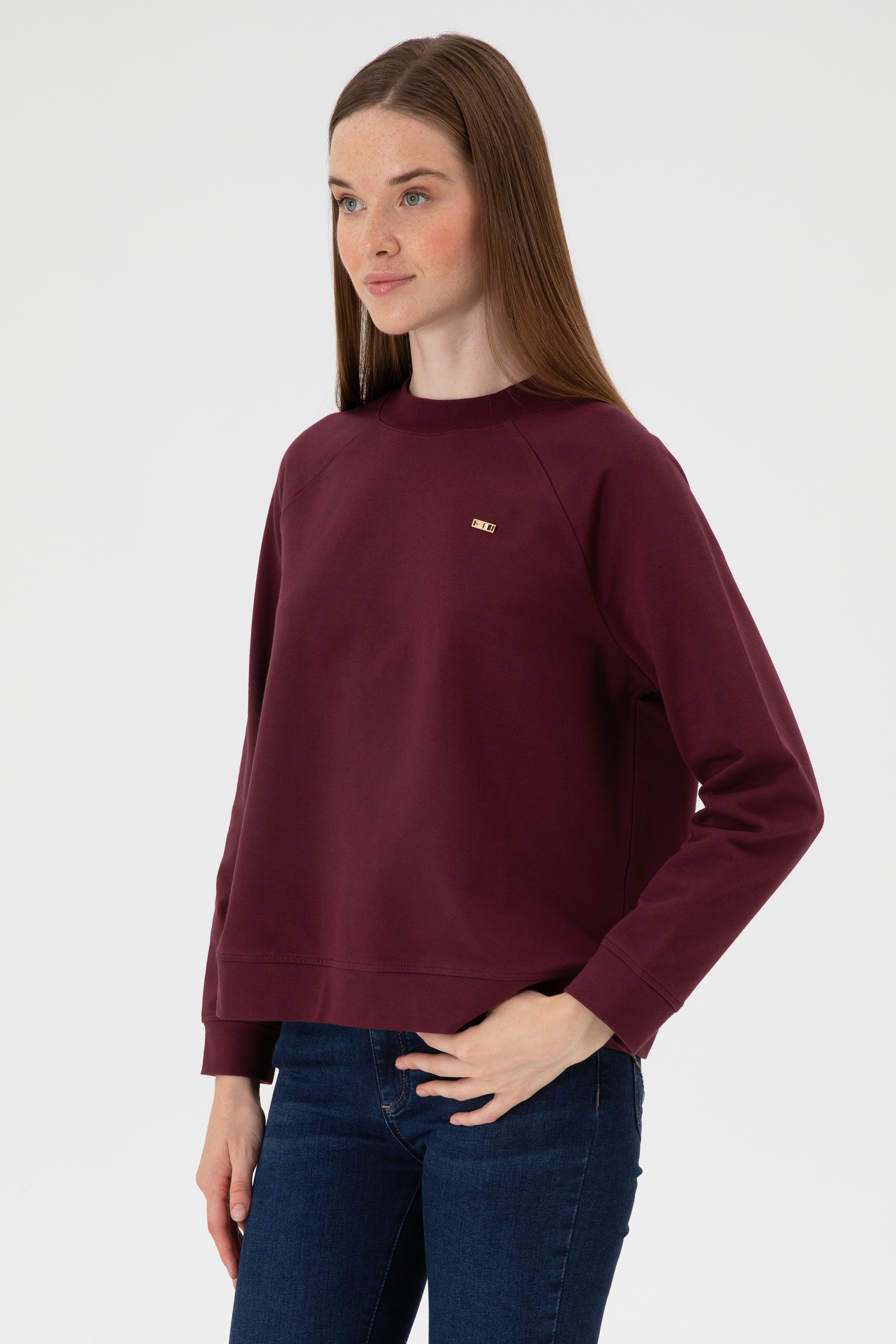 Kadın Bordo Regular Bisiklet Yaka Basic Sweatshırt - Image 3