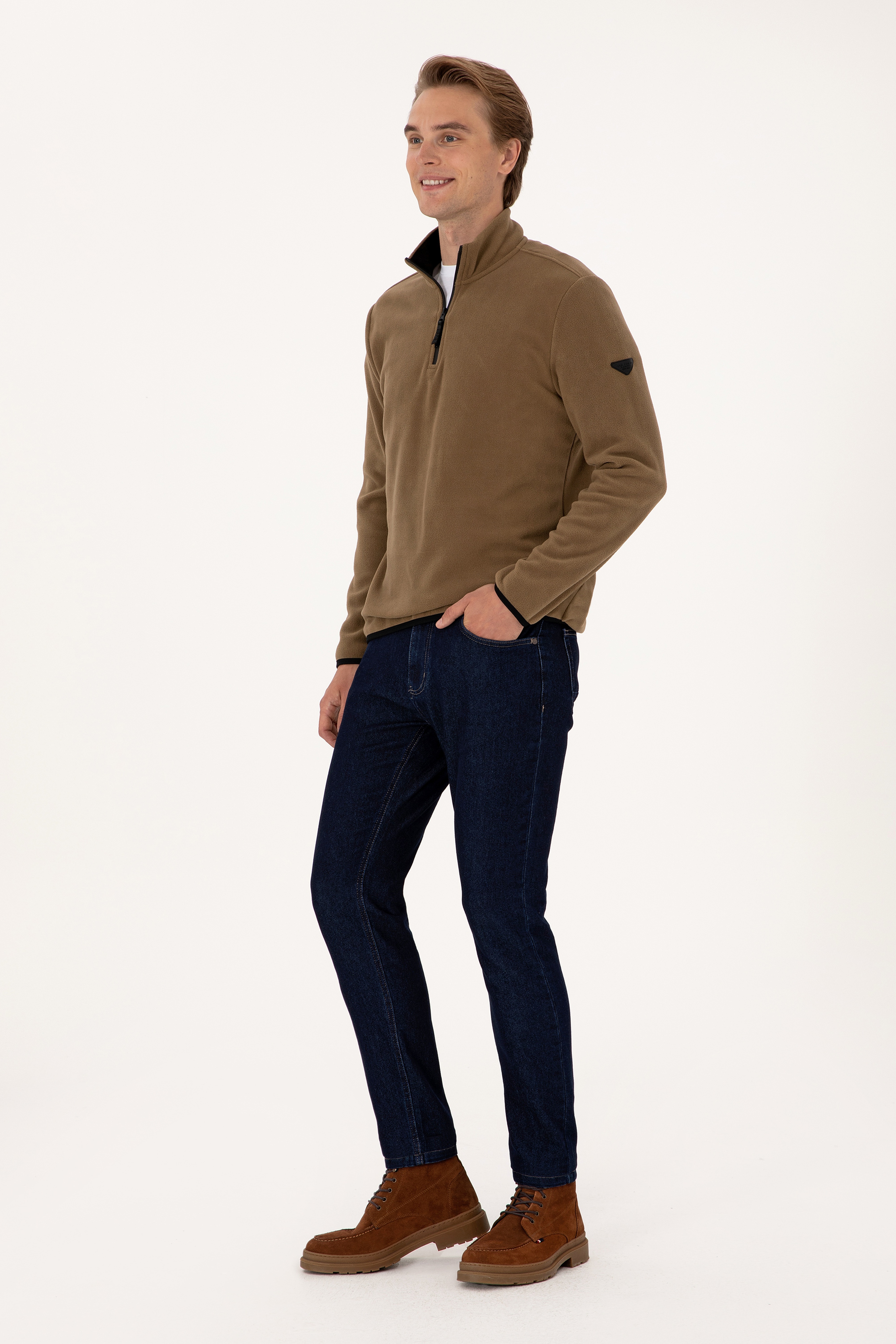Erkek Regular Fit Haki Polar Yarım Fermuarlı Basic Sweatshirt