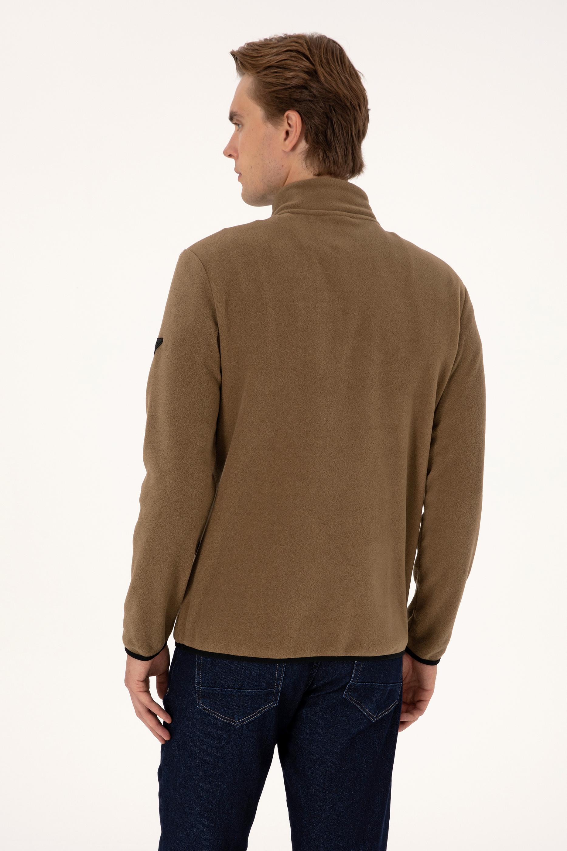 Erkek Regular Fit Haki Polar Yarım Fermuarlı Basic Sweatshirt