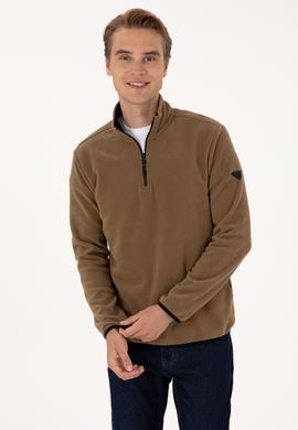 Erkek Regular Fit Haki Polar Yarım Fermuarlı Basic Sweatshirt - 50313777011
