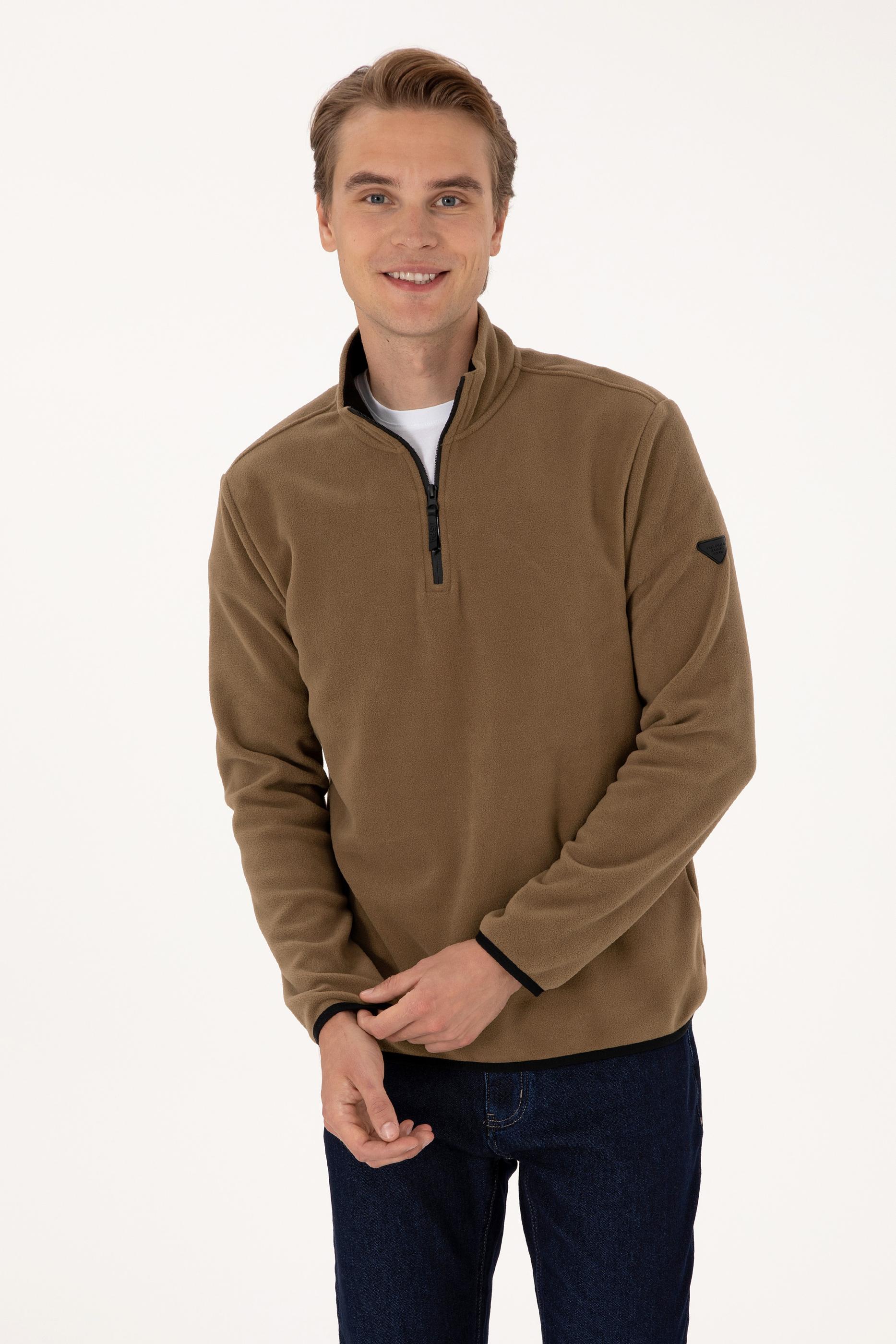 Erkek Regular Fit Haki Polar Yarım Fermuarlı Basic Sweatshirt