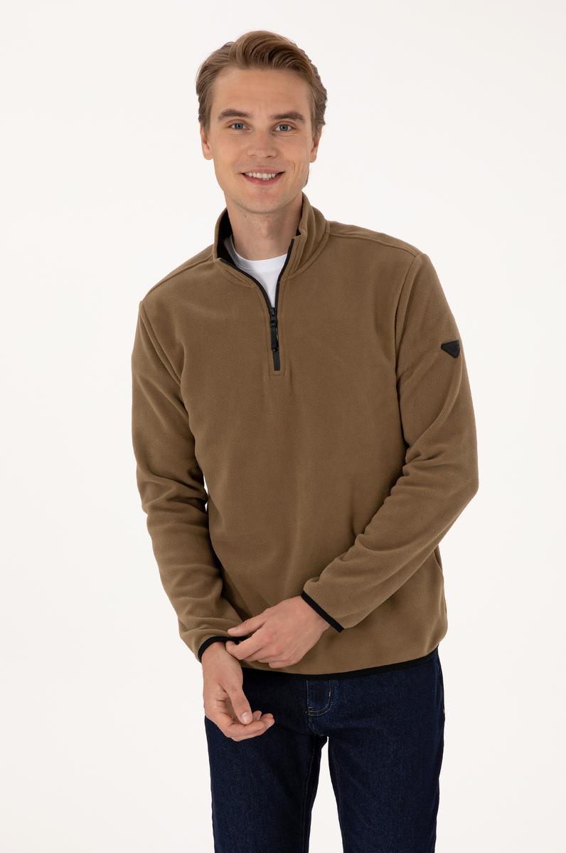 Erkek Regular Fit Haki Polar Yarım Fermuarlı Basic Sweatshirt