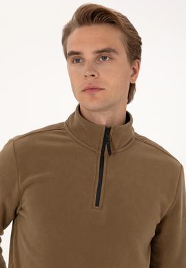 Erkek Regular Fit Haki Polar Yarım Fermuarlı Basic Sweatshirt - 50313777011