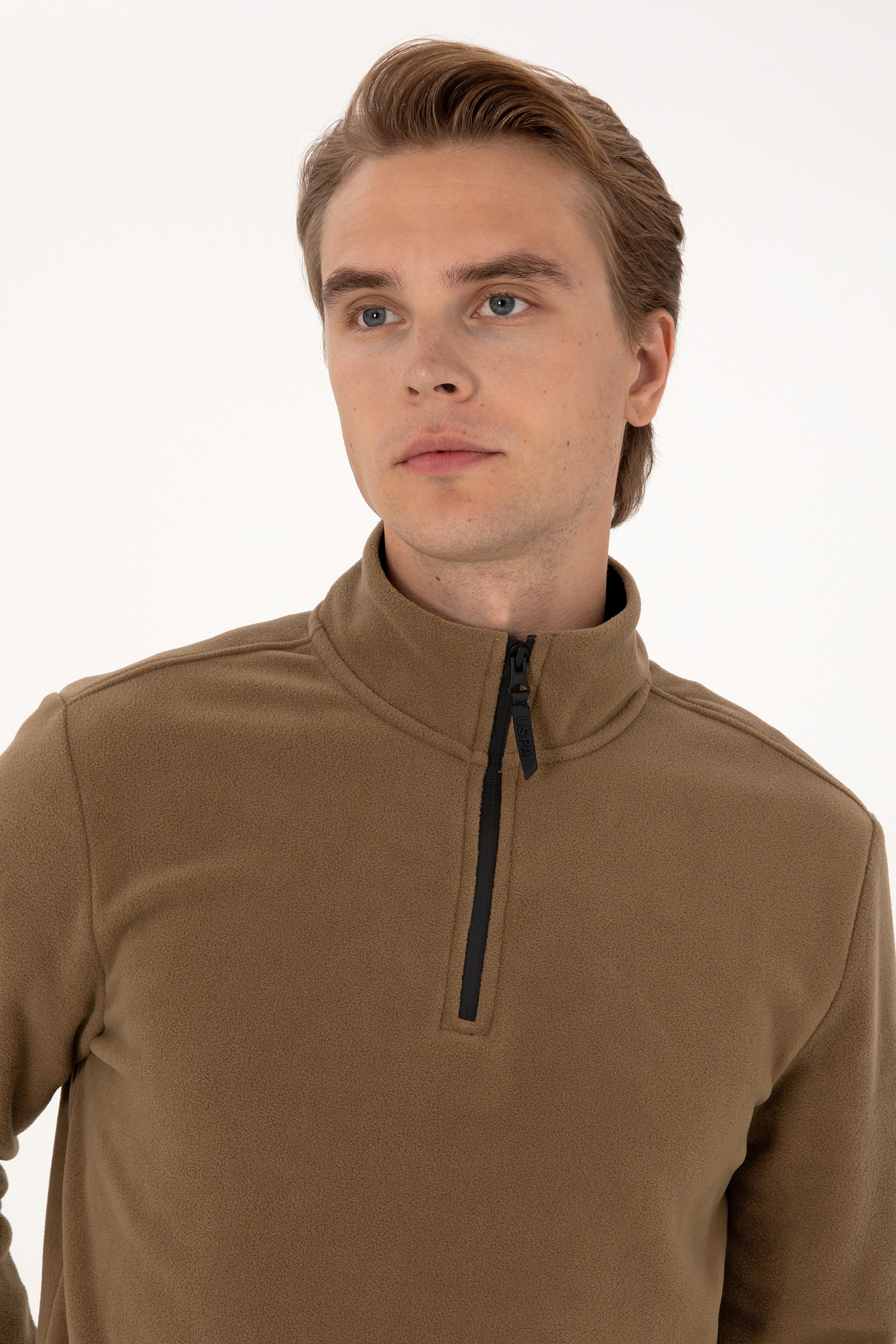 Erkek Regular Fit Haki Polar Yarım Fermuarlı Basic Sweatshirt