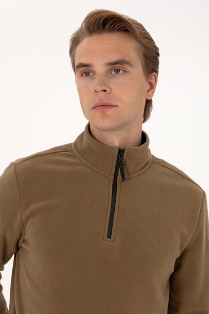 Erkek Regular Fit Haki Polar Yarım Fermuarlı Basic Sweatshirt