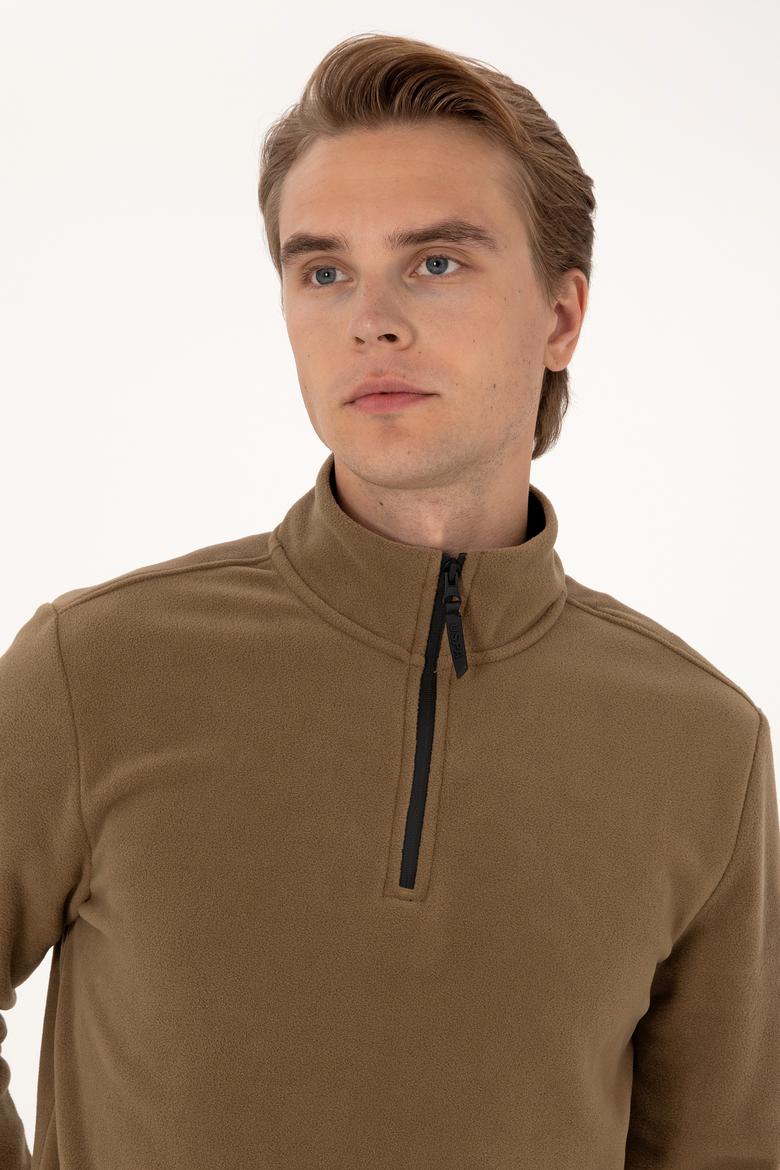 Erkek Regular Fit Haki Polar Yarım Fermuarlı Basic Sweatshirt - 50313777011