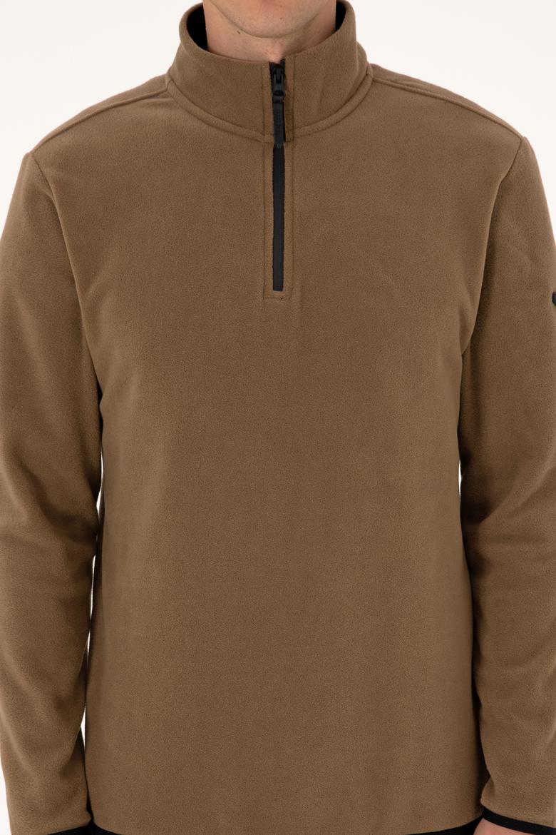 Erkek Regular Fit Haki Polar Yarım Fermuarlı Basic Sweatshirt - 50313777011