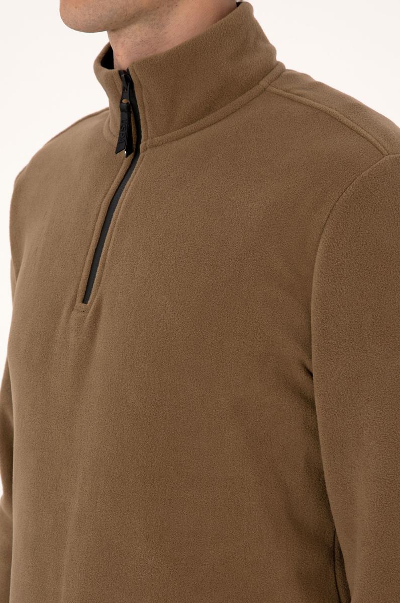 Erkek Regular Fit Haki Polar Yarım Fermuarlı Basic Sweatshirt