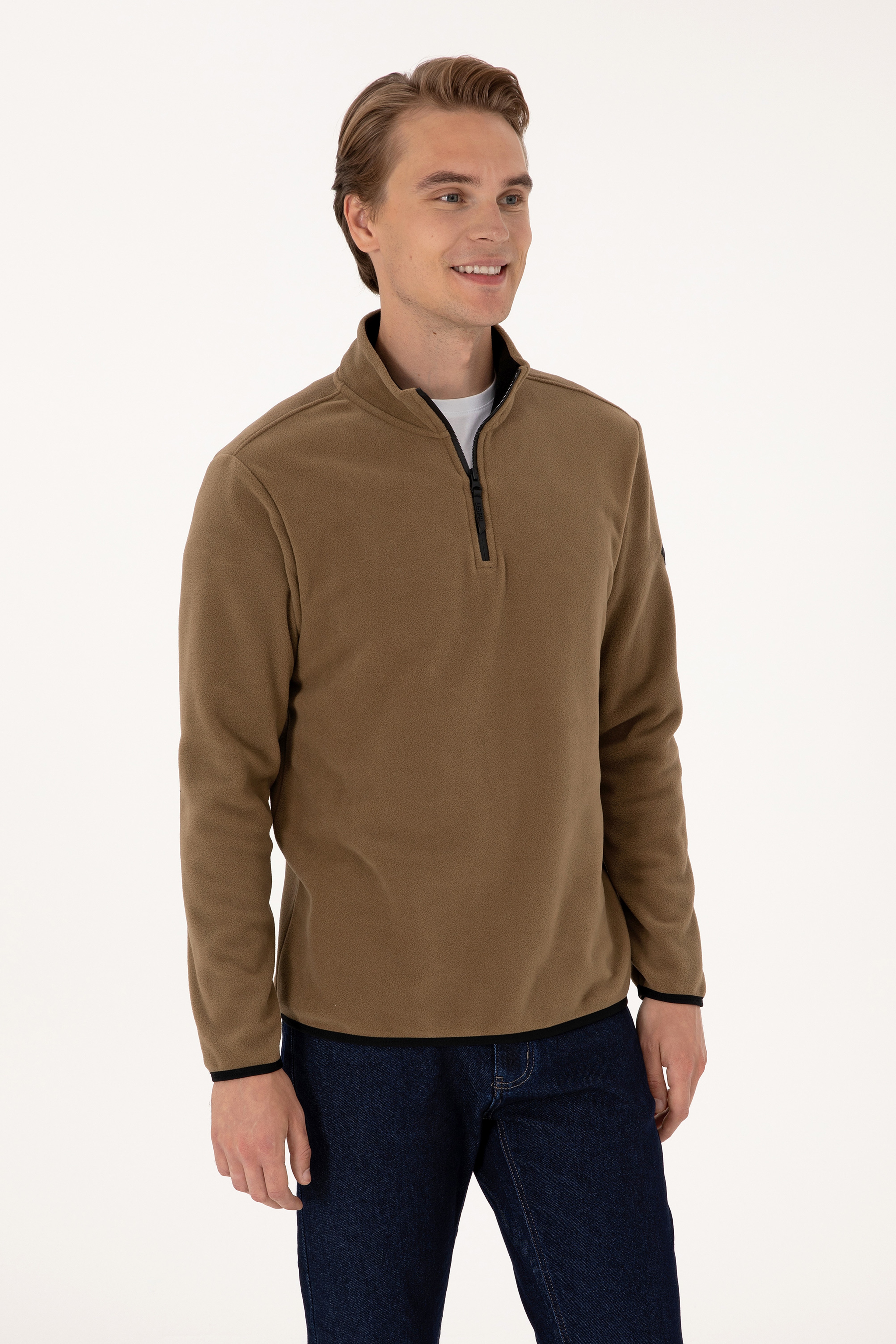 Erkek Regular Fit Haki Polar Yarım Fermuarlı Basic Sweatshirt - Image 3