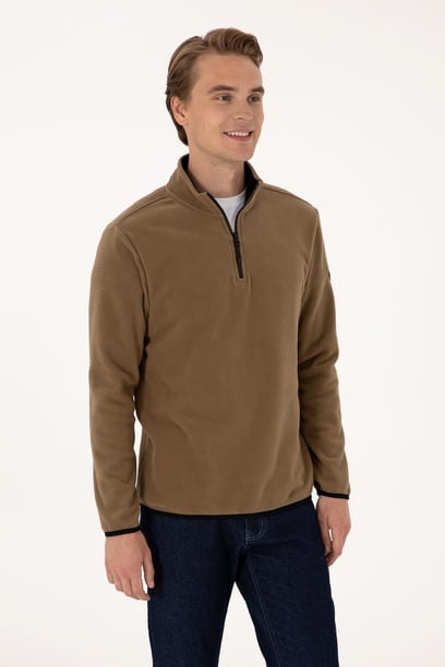 Erkek Regular Fit Haki Polar Yarım Fermuarlı Basic Sweatshirt