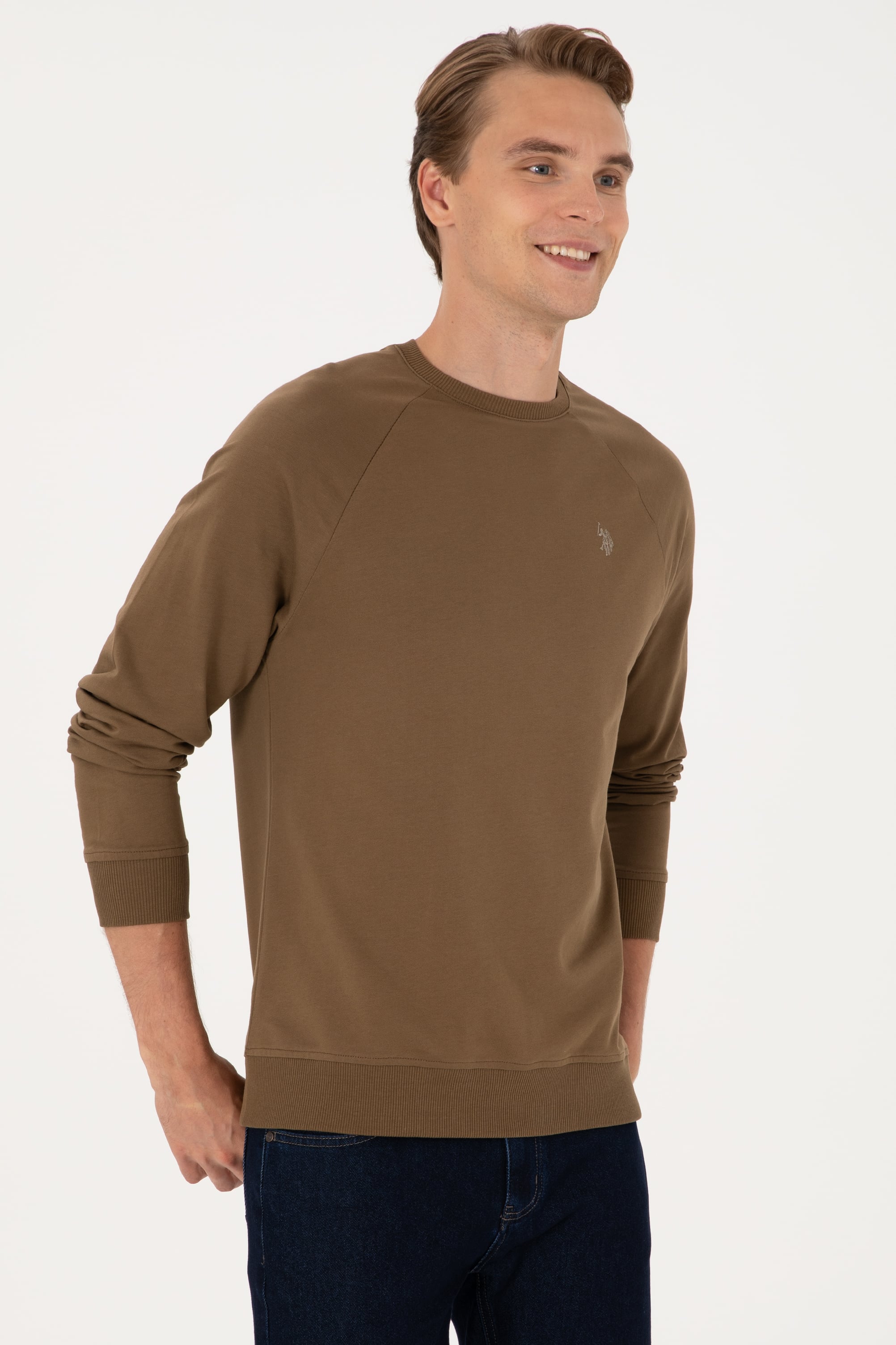 Erkek Regular Fit Bisiklet Yaka Haki İnce Basic Sweatshirt - Image 3