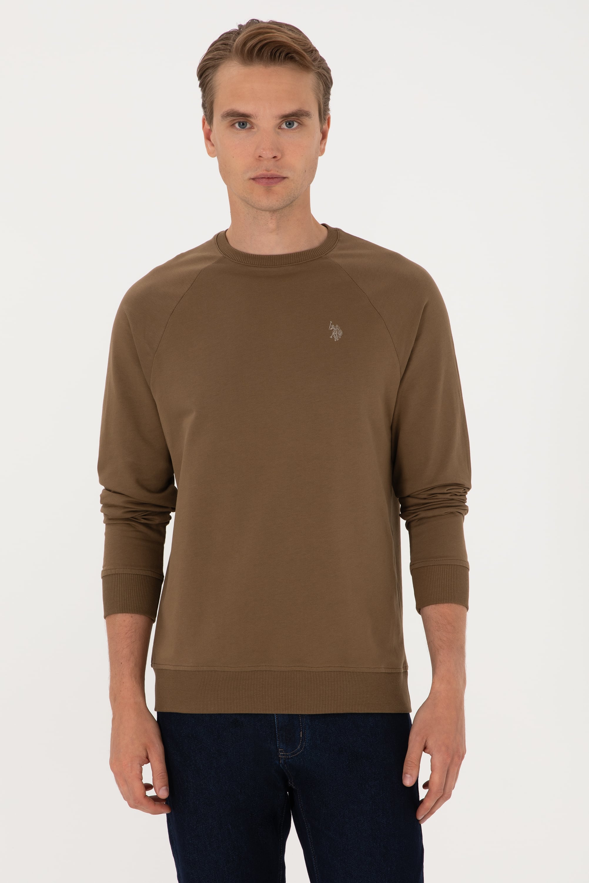Erkek Regular Fit Bisiklet Yaka Haki İnce Basic Sweatshirt - Image 1