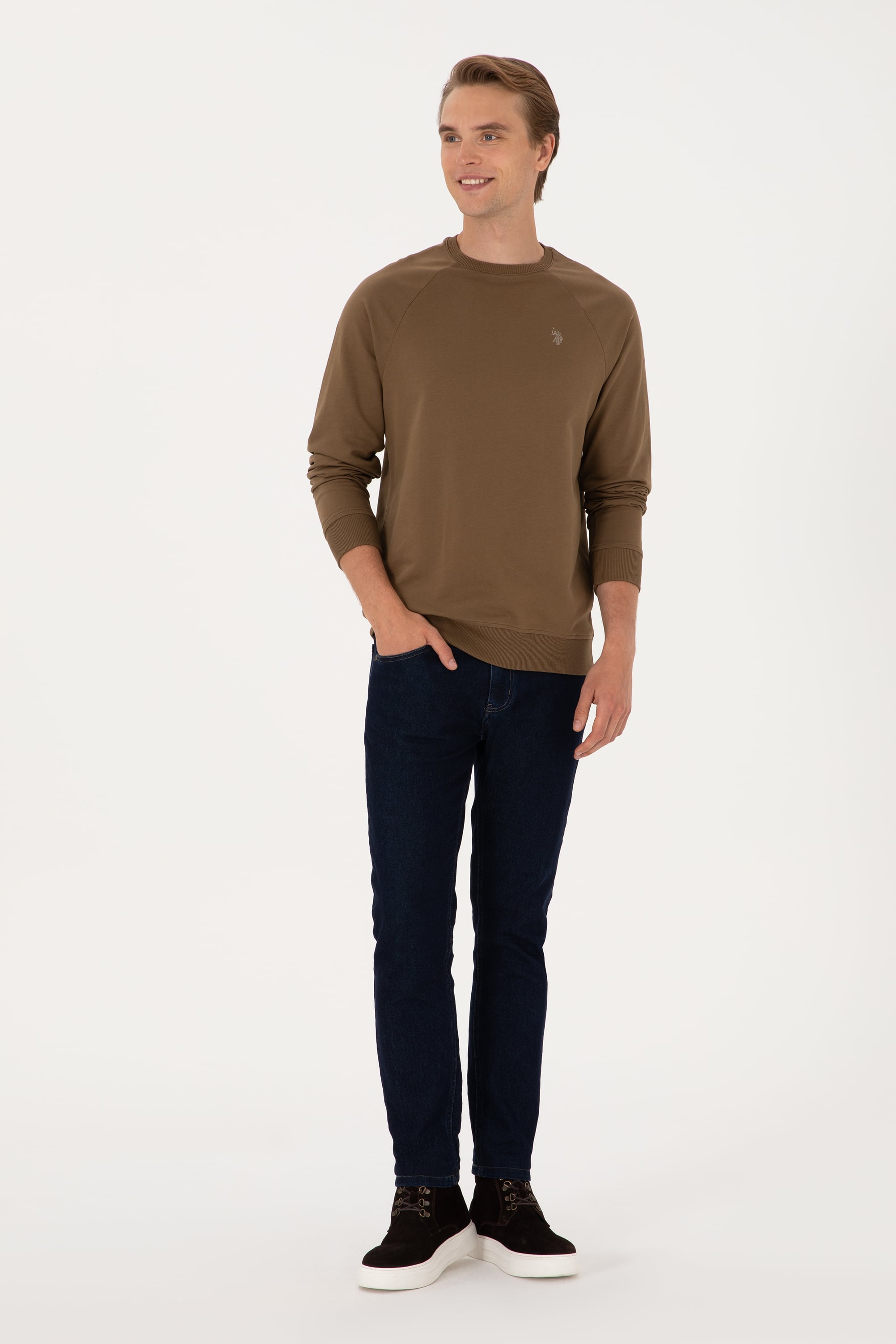 Erkek Regular Fit Bisiklet Yaka Haki İnce Basic Sweatshirt - Image 4