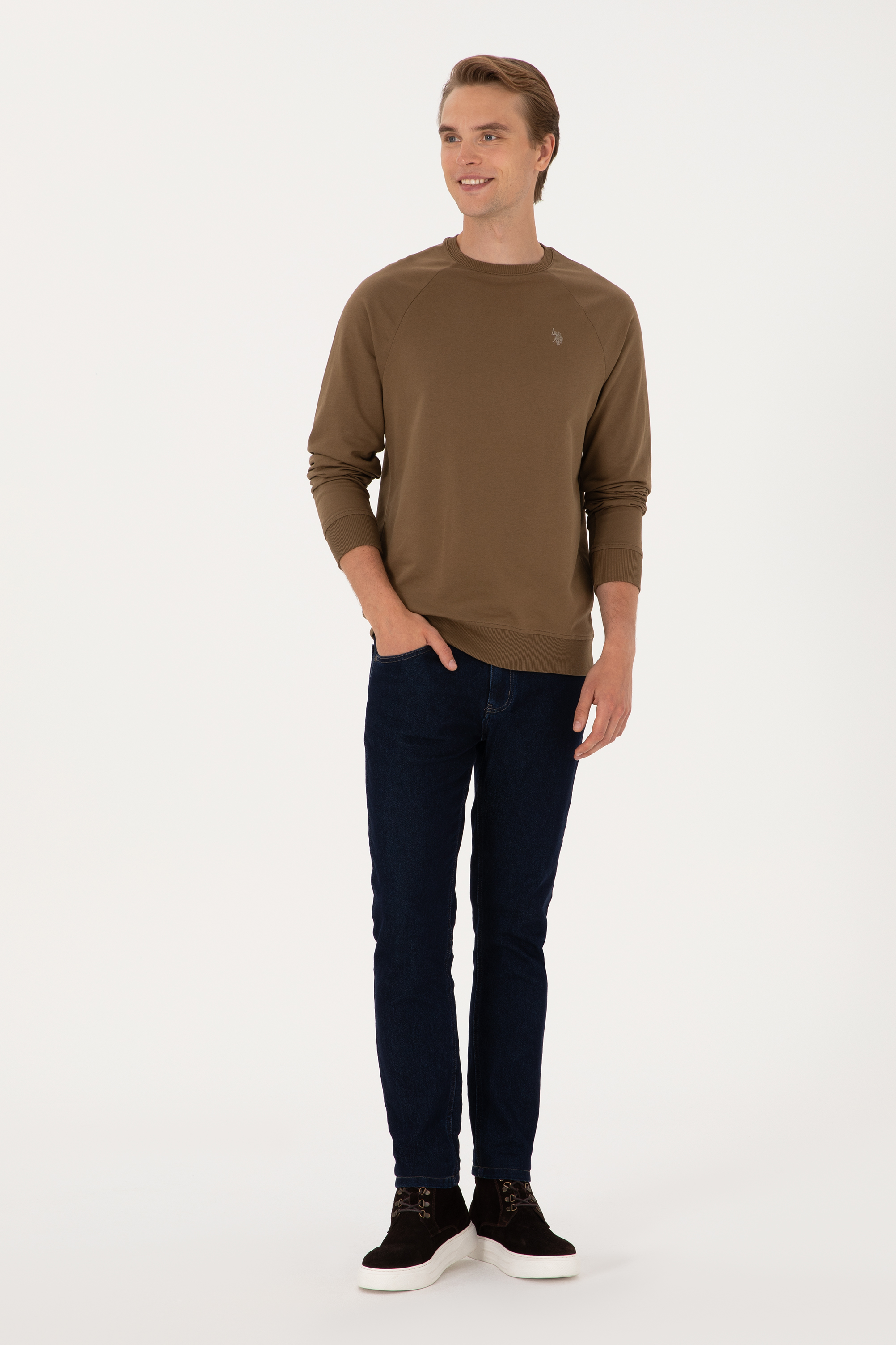 Erkek Regular Fit Bisiklet Yaka Haki İnce Basic Sweatshirt