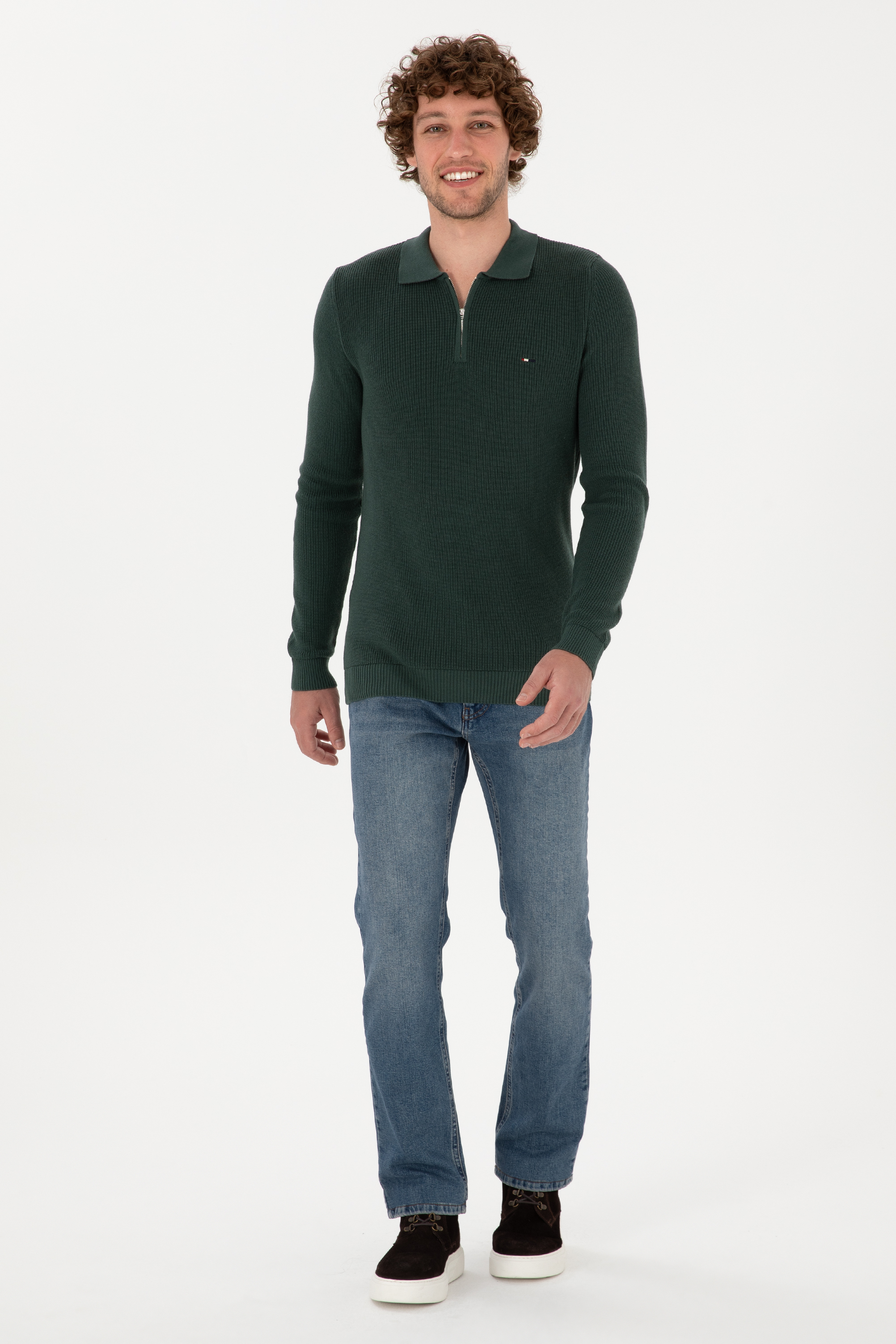 Erkek Regular Fit Yarım Fermuarlı Koyu Yeşil Basic Kazak - Image 4