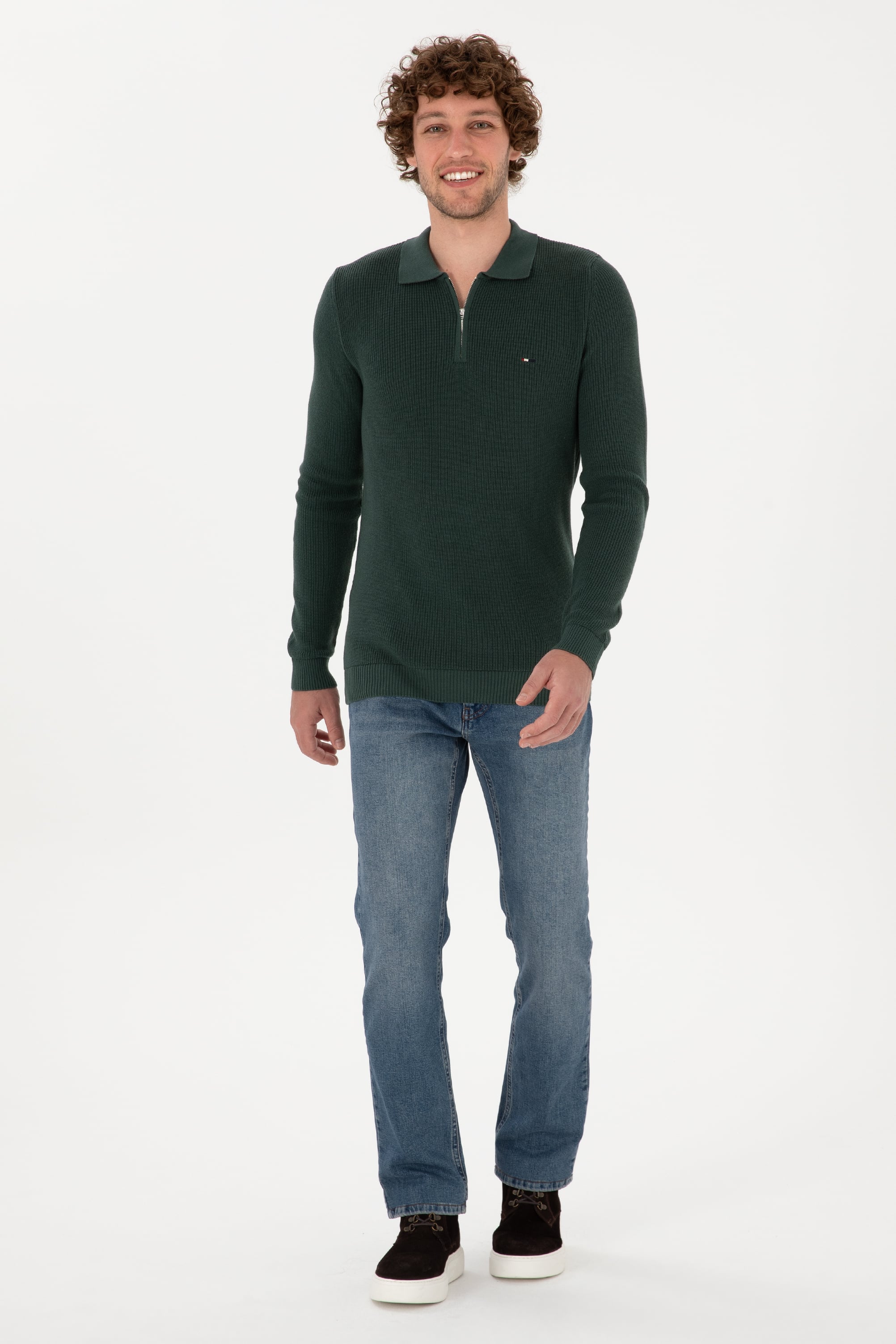 Erkek Regular Fit Yarım Fermuarlı Koyu Yeşil Basic Kazak