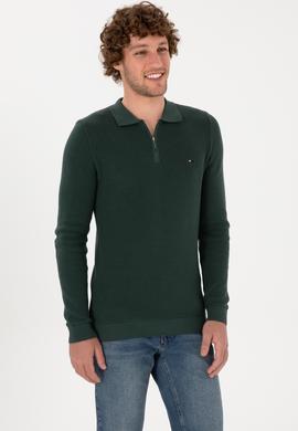 Erkek Regular Fit Fermuarlı Koyu Yeşil Basic Kazak - 50313685035