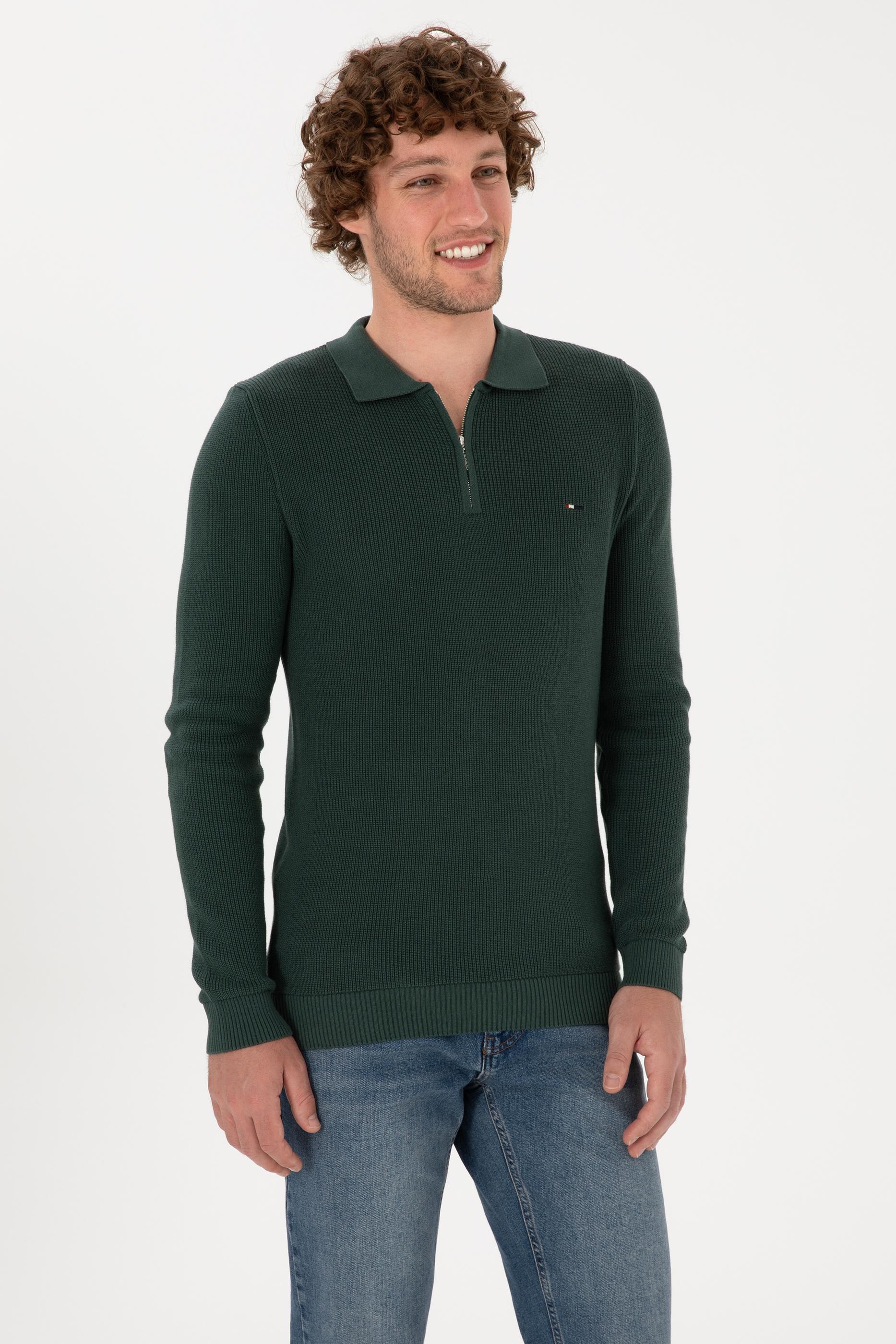 Erkek Regular Fit Fermuarlı Koyu Yeşil Basic Kazak