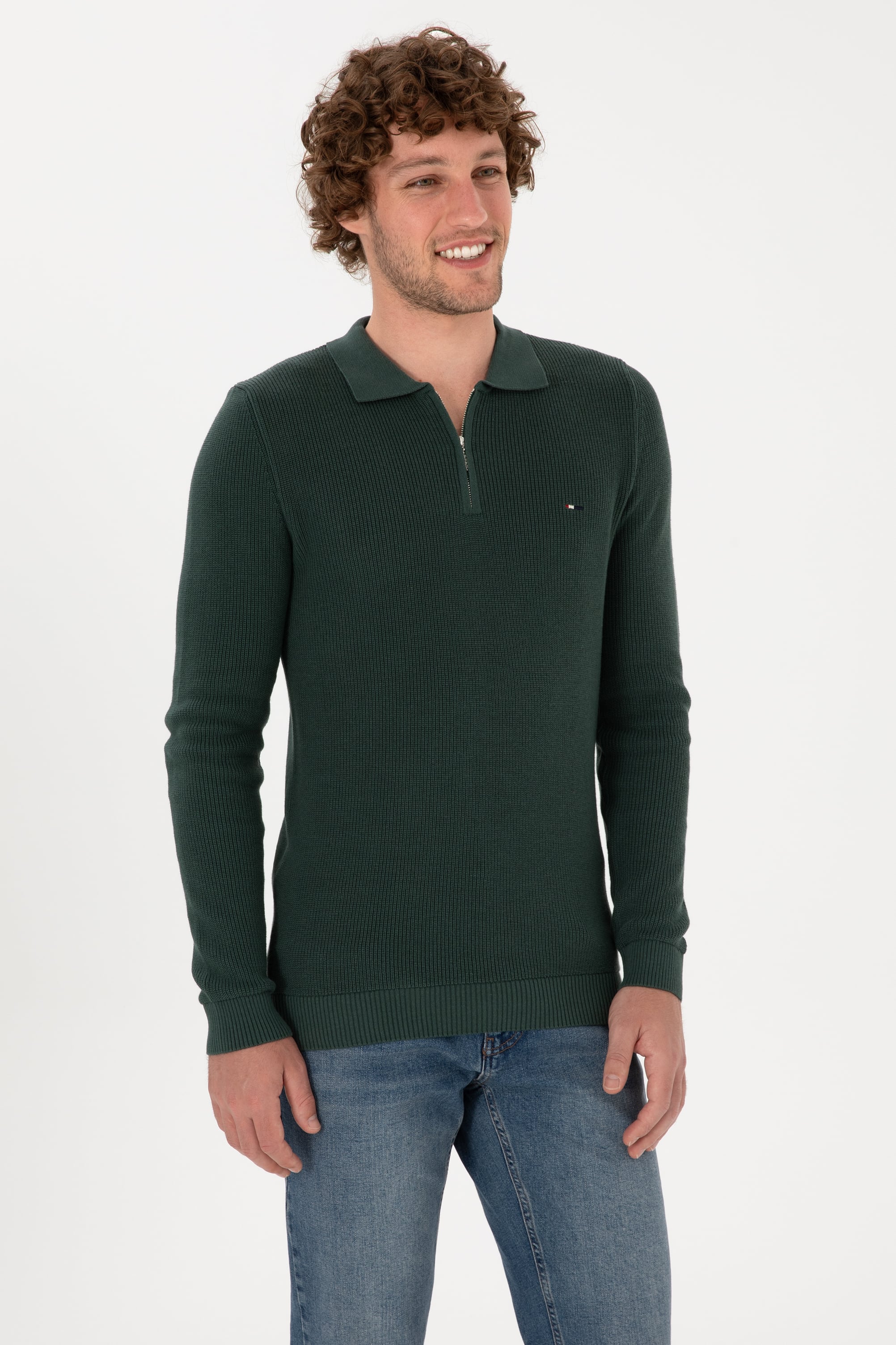Erkek Regular Fit Yarım Fermuarlı Koyu Yeşil Basic Kazak