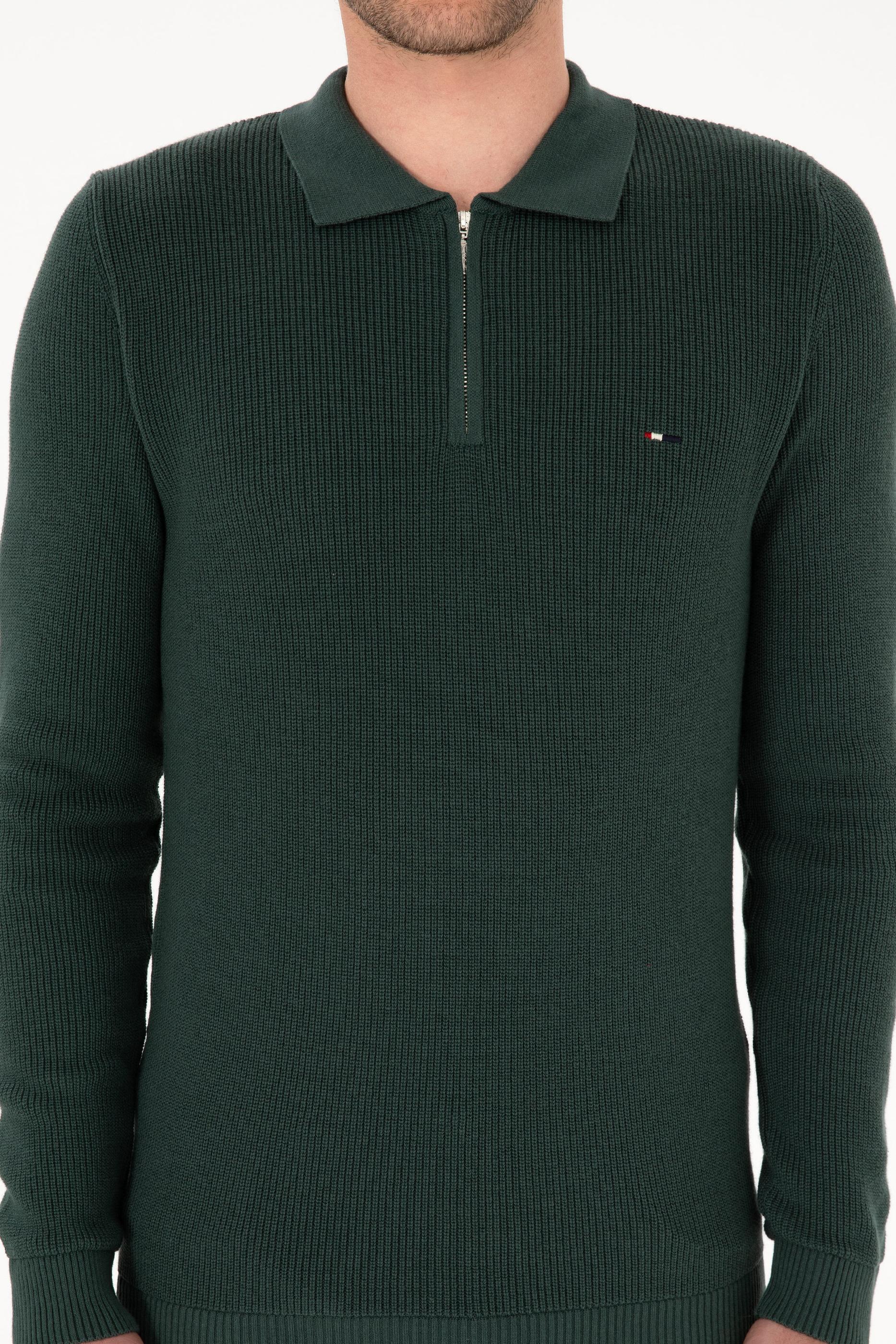 Erkek Regular Fit Fermuarlı Koyu Yeşil Basic Kazak