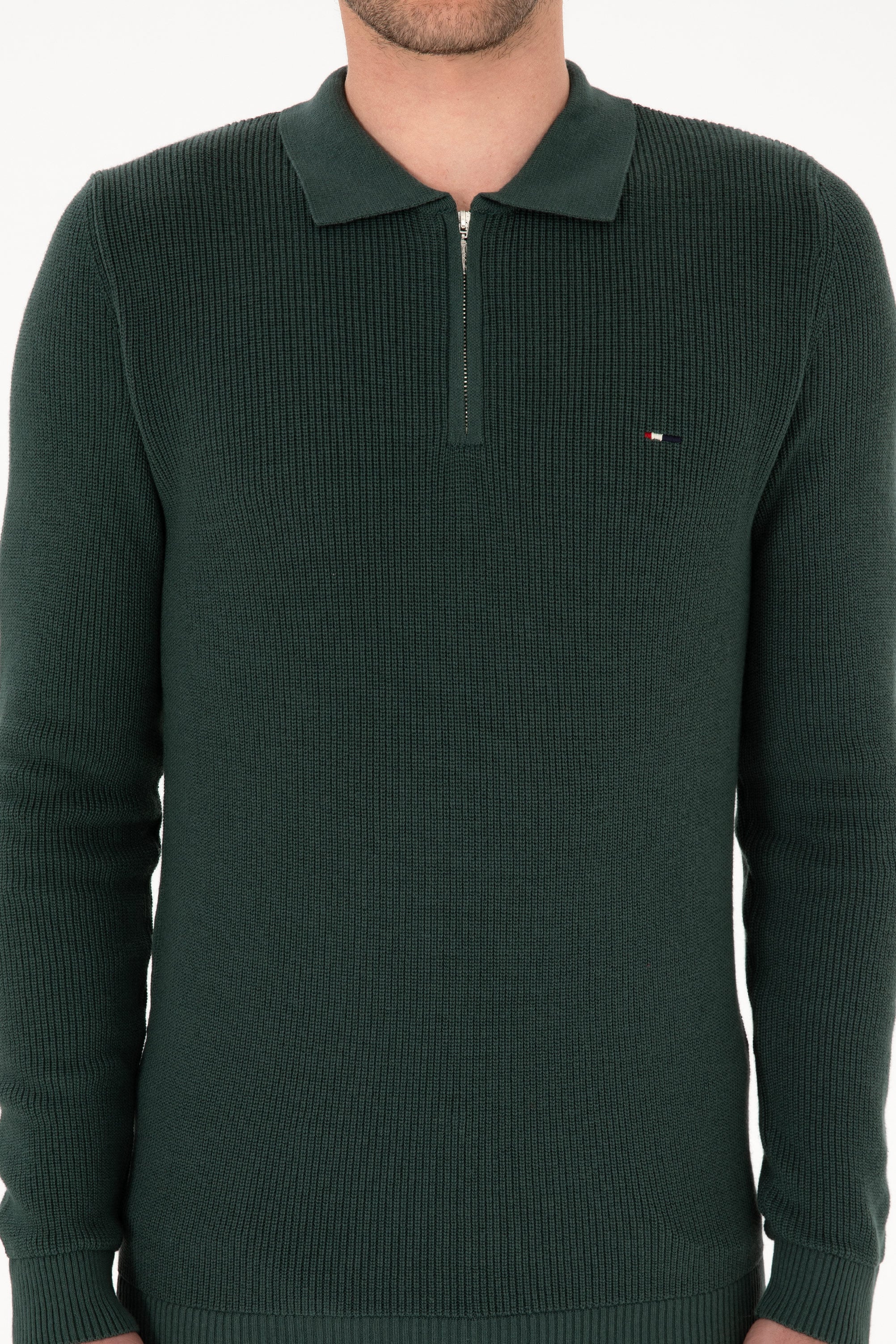 Erkek Regular Fit Yarım Fermuarlı Koyu Yeşil Basic Kazak