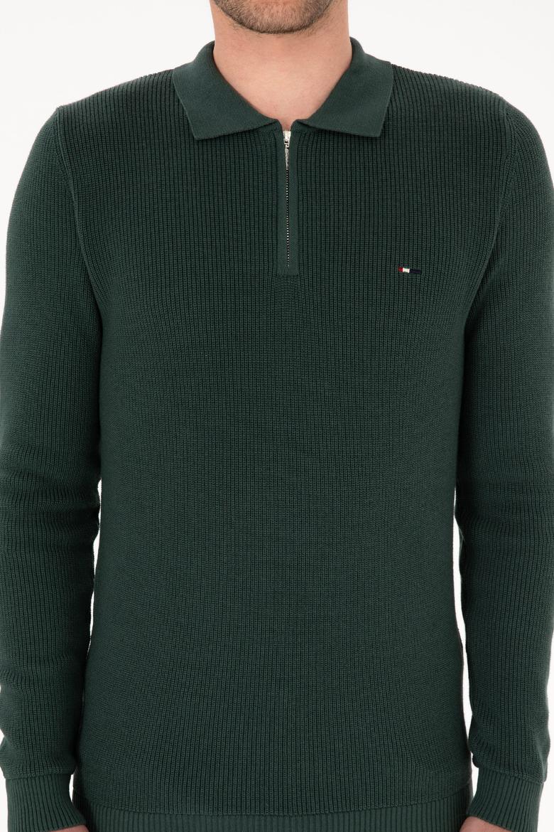 Erkek Regular Fit Fermuarlı Koyu Yeşil Basic Kazak - 50313685035