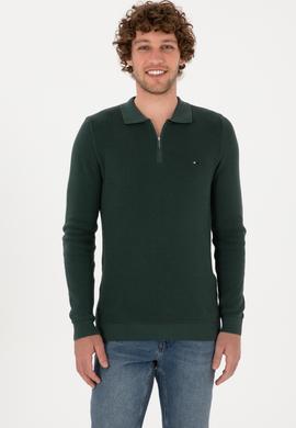 Erkek Regular Fit Fermuarlı Koyu Yeşil Basic Kazak - 50313685035