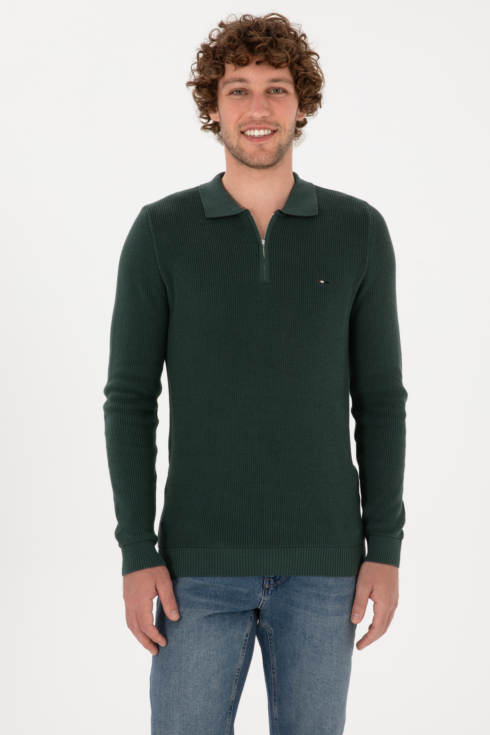 Erkek Regular Fit Yarım Fermuarlı Koyu Yeşil Basic Kazak - Image 1