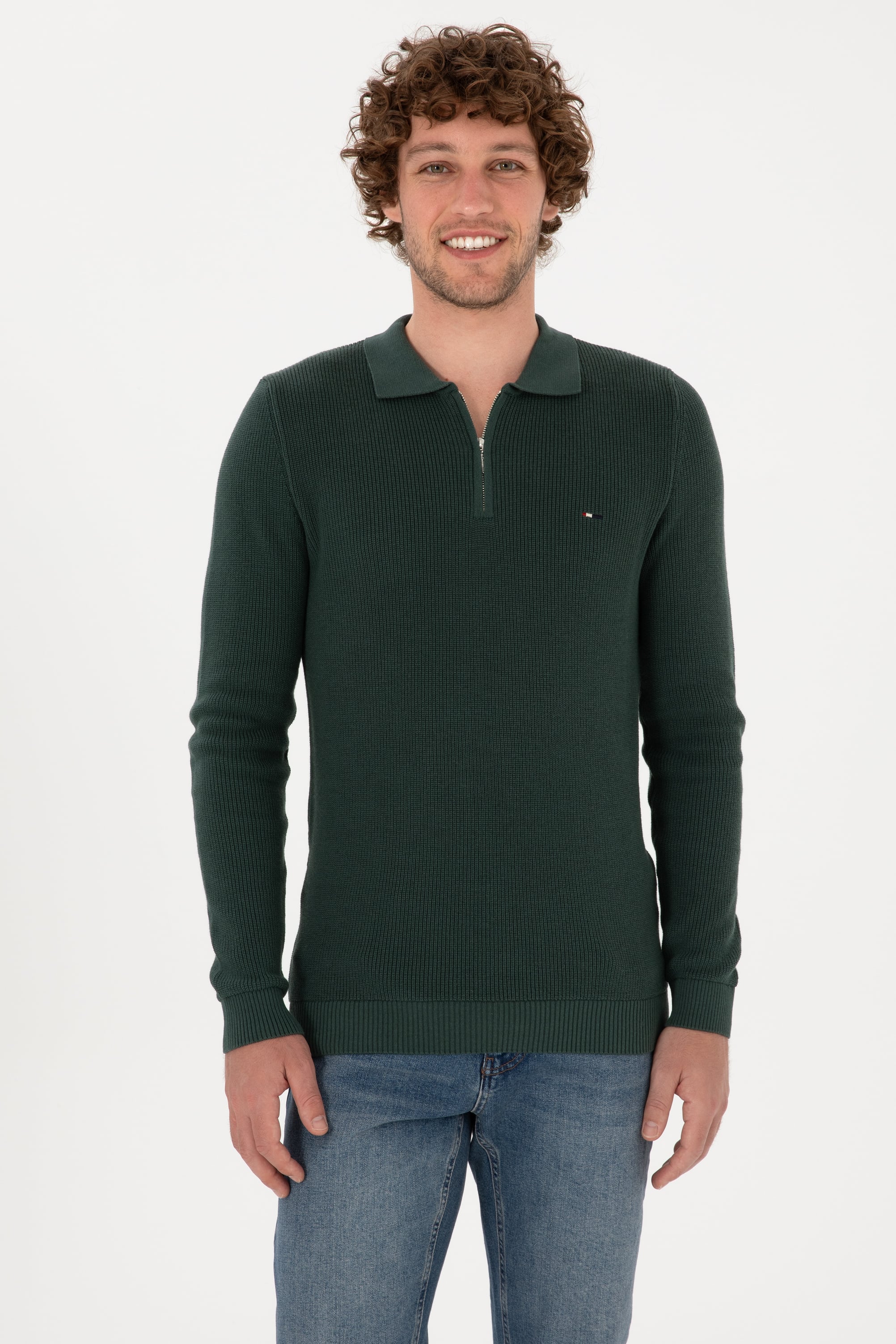 Erkek Regular Fit Yarım Fermuarlı Koyu Yeşil Basic Kazak
