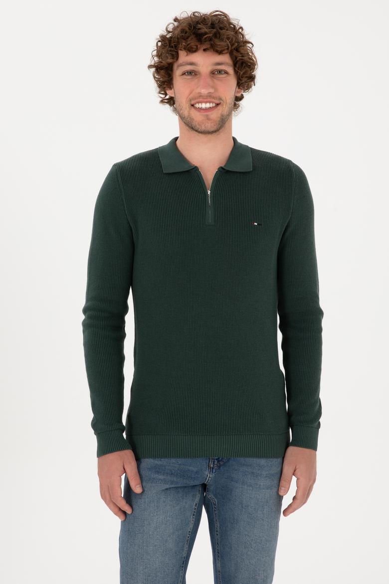 Erkek Regular Fit Fermuarlı Koyu Yeşil Basic Kazak