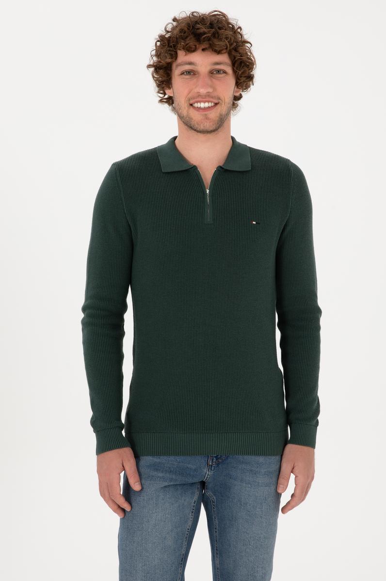 Erkek Regular Fit Fermuarlı Koyu Yeşil Basic Kazak