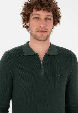 Erkek Regular Fit Fermuarlı Koyu Yeşil Basic Kazak - 50313685035