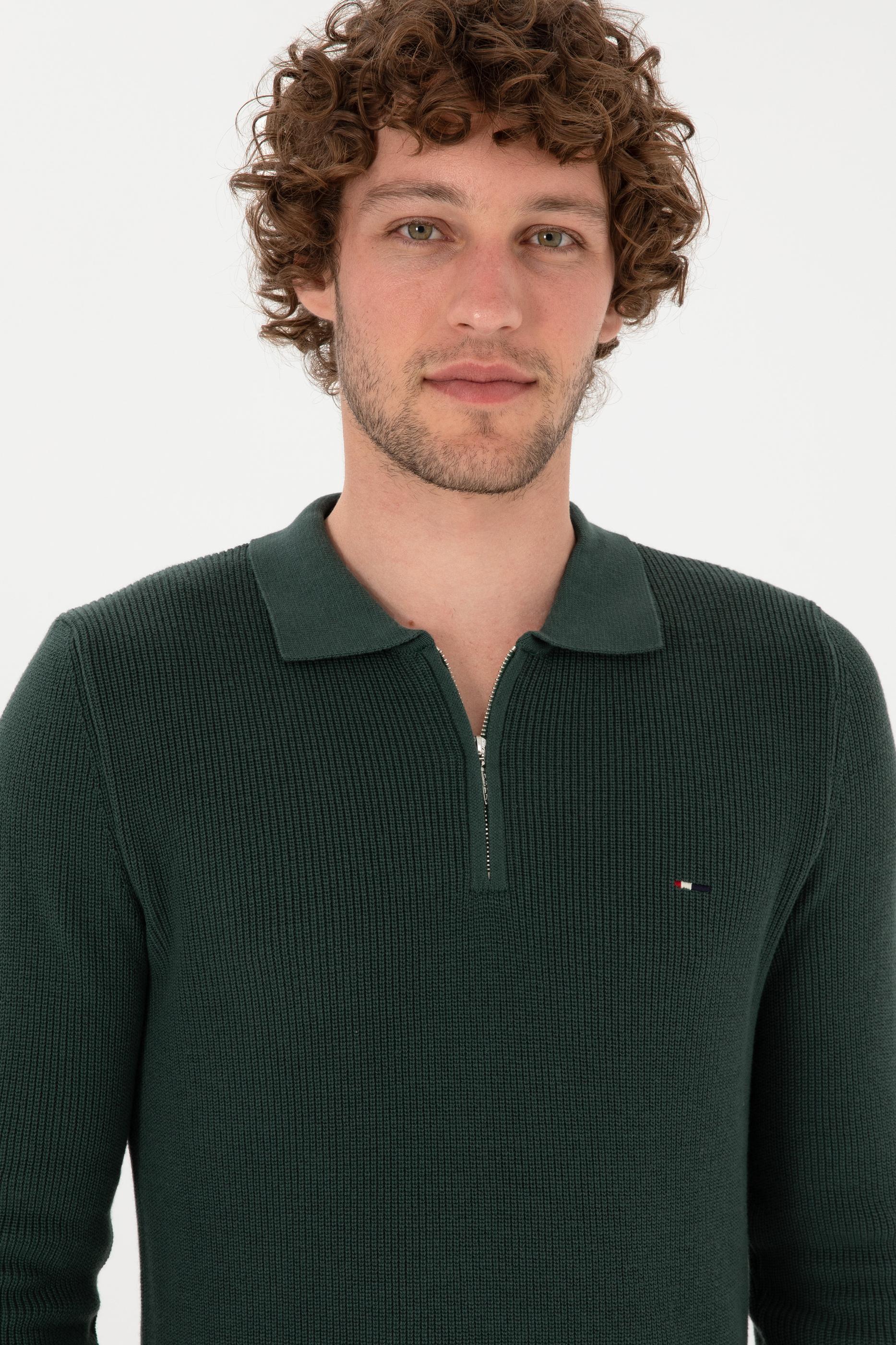 Erkek Regular Fit Fermuarlı Koyu Yeşil Basic Kazak