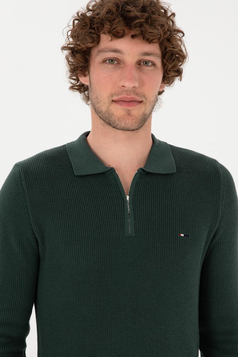 Erkek Regular Fit Fermuarlı Koyu Yeşil Basic Kazak - 50313685035