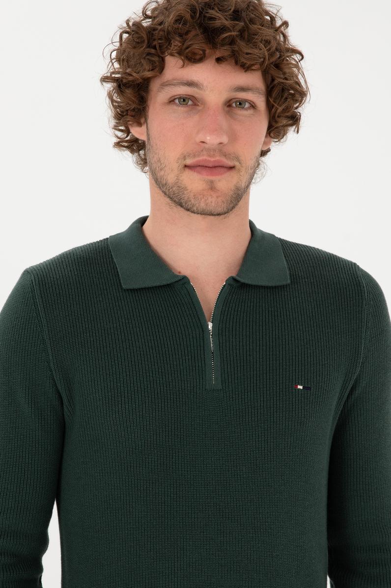 Erkek Regular Fit Fermuarlı Koyu Yeşil Basic Kazak