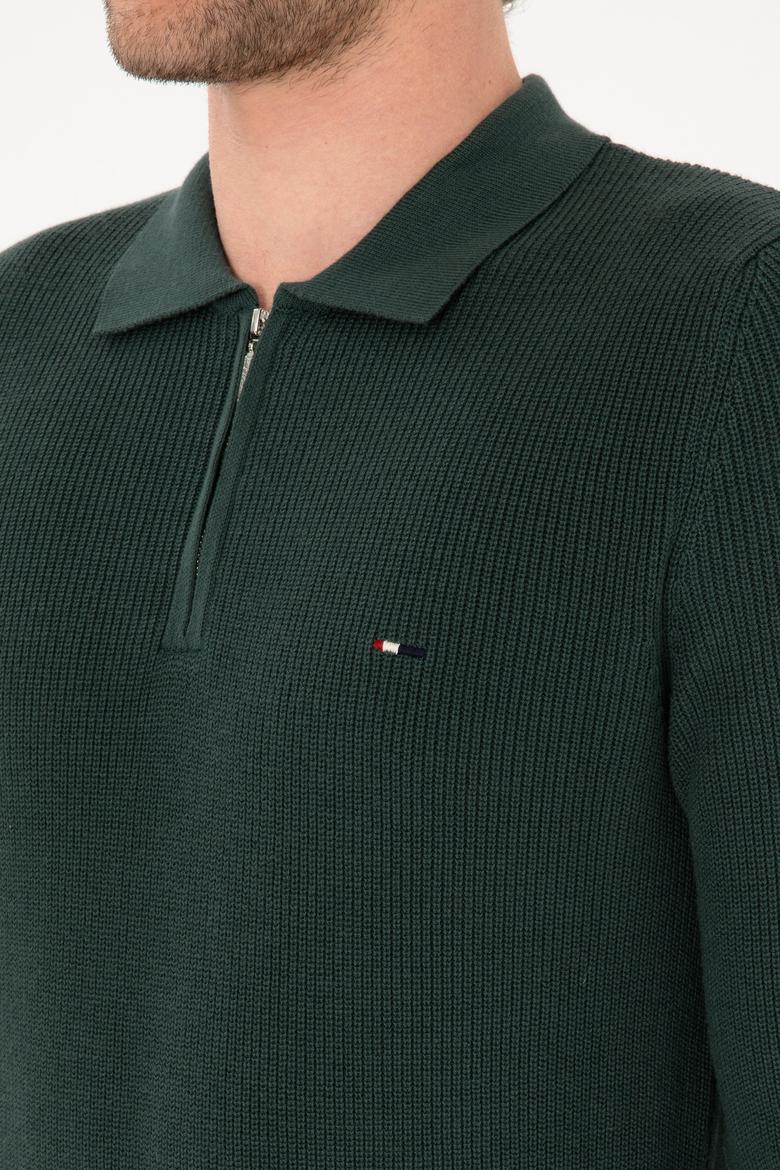 Erkek Regular Fit Fermuarlı Koyu Yeşil Basic Kazak - 50313685035